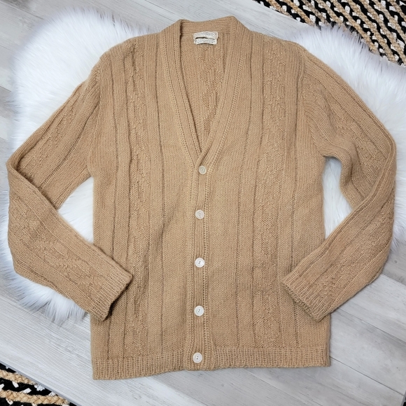 Vintage 70s Catalina Masterpiece Tan Mohair Blend Cardigan Sweater Men's Large - Picture 1 of 14